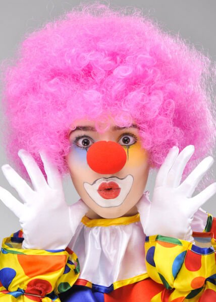 Pembe Renk Kıvırcık Bonus Peruk ve Kırmızı Burun Seti