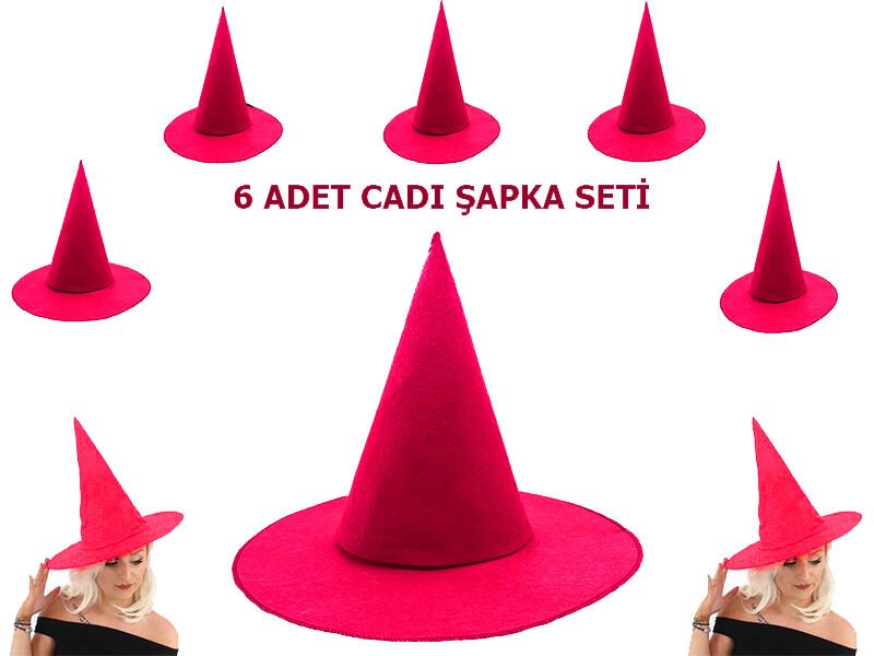 Fuşya Renk Keçe Cadı Şapkası 6 Adet