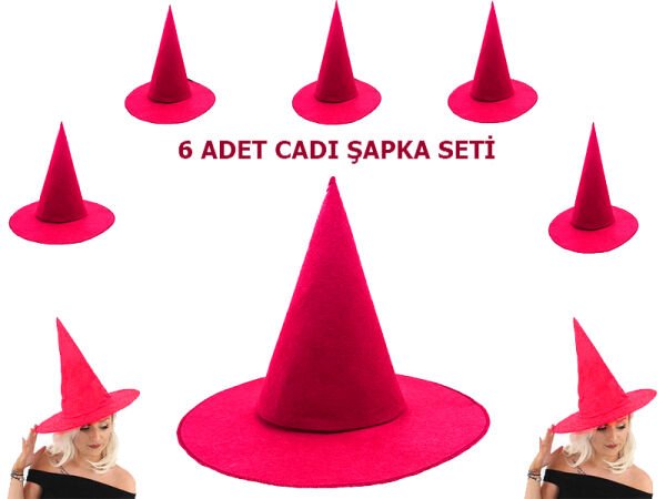 Fuşya Renk Keçe Cadı Şapkası 6 Adet