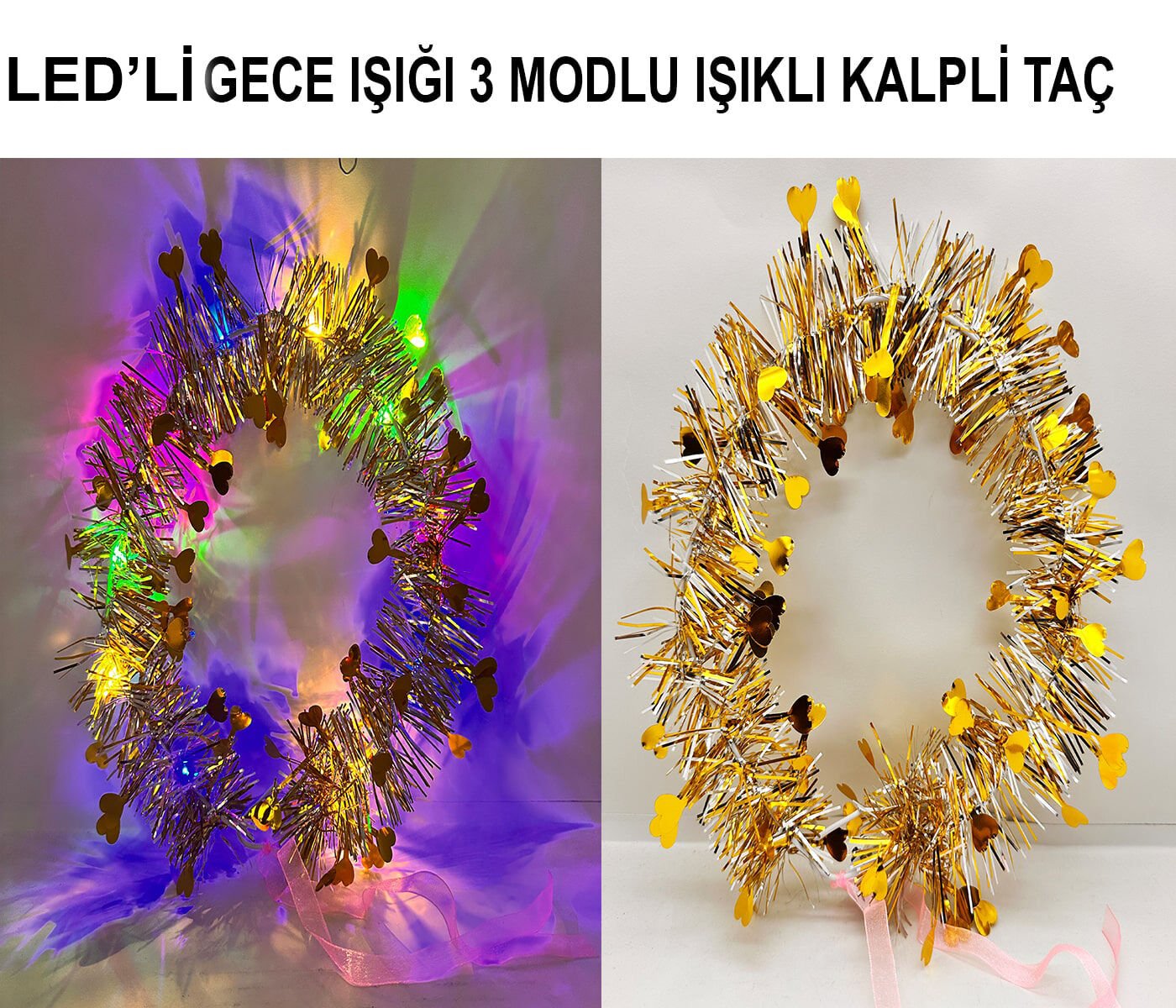Kalp Püsküllü 3 Modlu LED Işıklı Taç Altın Renk